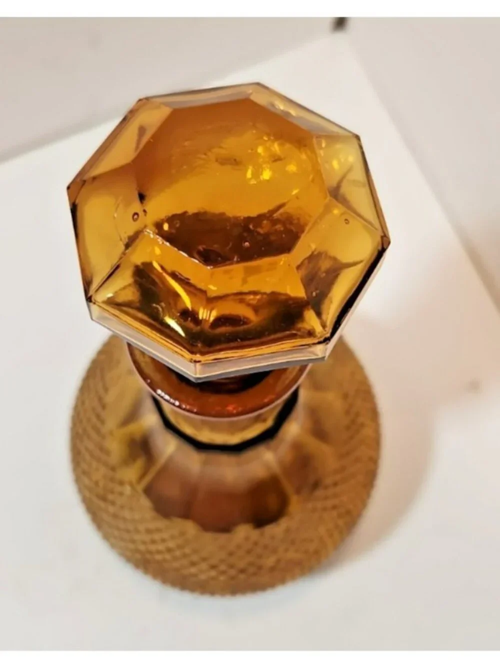 Vintage 1960's Amber Colored Hobnail Glass Wine/Liquor Decanter Bottle w/Stopper